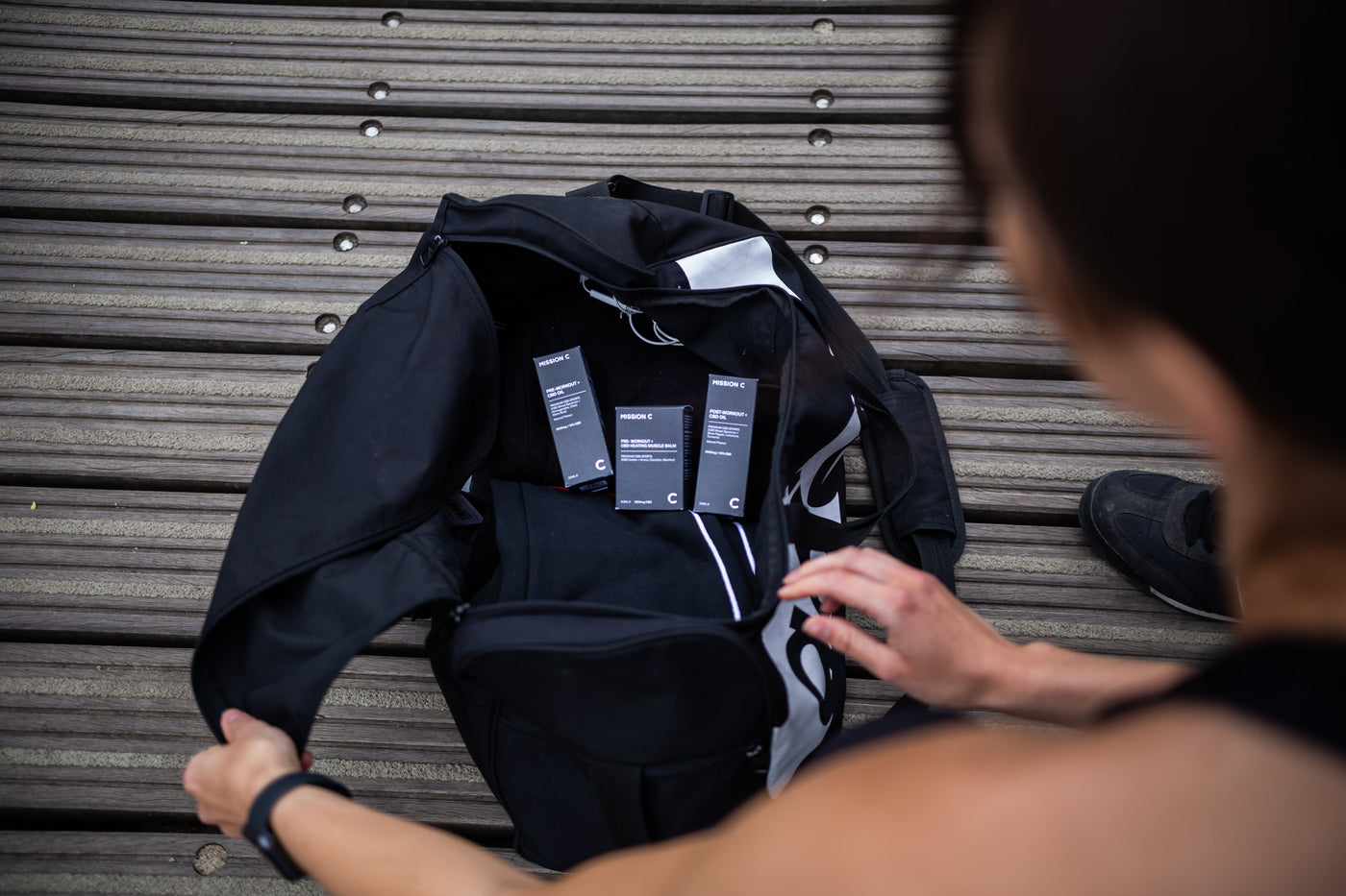 sports bag filled with cbd products